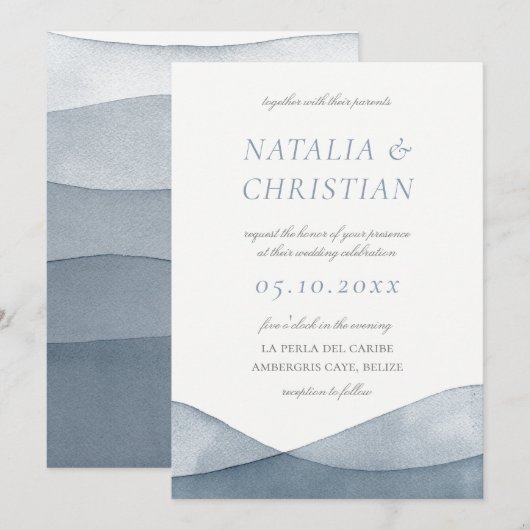 Getinte Blauwe Aquarel Bruiloft Kaart (Voorkant / Achterkant)
