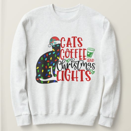 Getooid met zwarte kat, koffie en kerstverlichting trui (Design voorkant)