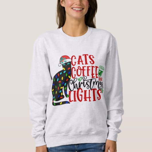 Getooid met zwarte kat, koffie en kerstverlichting trui (Voorkant)