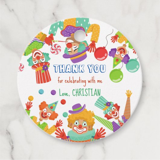 Getoonde naam circusverjaardagsfeestje bedankjes labels (Voorkant)