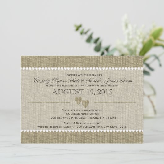 Getreasured Hearts en Burlap Bruiloft Kaart (Staand voorkant)