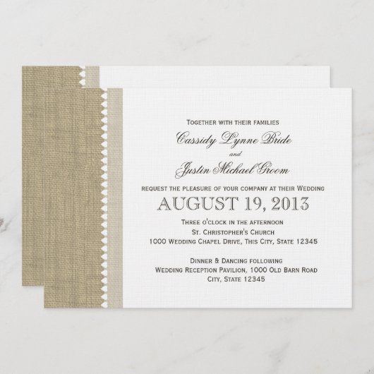 Getreasured Hearts en Burlap Bruiloft Kaart (Voorkant / Achterkant)