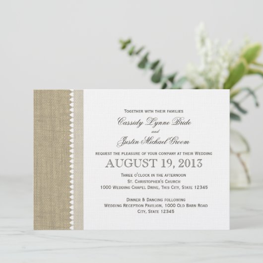 Getreasured Hearts en Burlap Bruiloft Kaart (Staand voorkant)