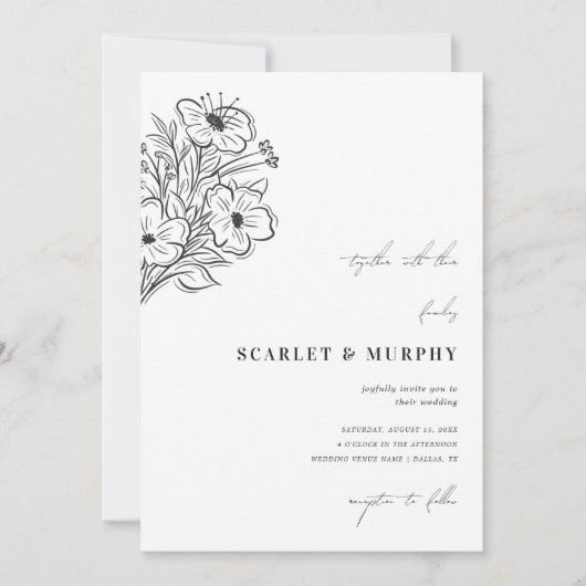 Getrokken Bloemen Schets Botanische Monogram Bruil Kaart (Voorkant)