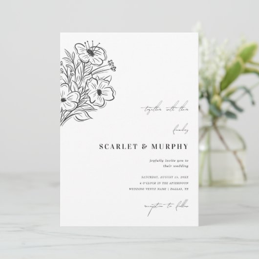 Getrokken Bloemen Schets Botanische Monogram Bruil Kaart (Staand voorkant)