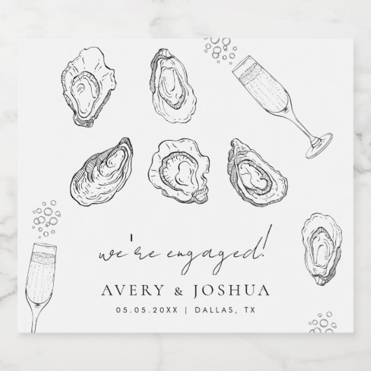 Getrokken Champagne & Oesters Gebrande Verloving F Sparkling Wijnetiket (Enkel label)