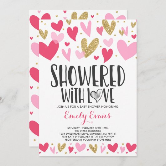 Getrokken met de inviteringsharten van het Baby sh Kaart (Voorkant / Achterkant)