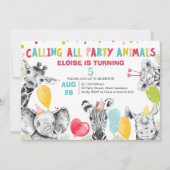 Getrokken Oproep Alle Party Dieren Safari Verjaard Kaart (Voorkant)