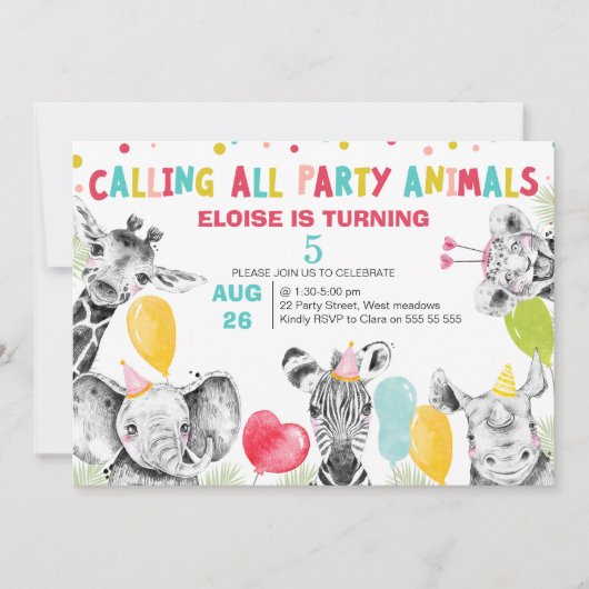 Getrokken Oproep Alle Party Dieren Safari Verjaard Kaart (Voorkant)