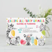 Getrokken Oproep Alle Party Dieren Safari Verjaard Kaart (Staand voorkant)