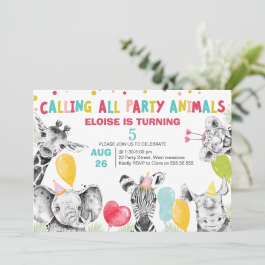 Getrokken Oproep Alle Party Dieren Safari Verjaard Kaart (Staand voorkant)