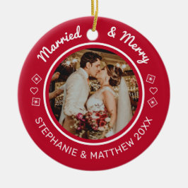 Getrouwd & Blij 2 Foto Modern Rood Keramisch Ornament