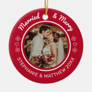 Getrouwd & Blij 2 Foto Modern Rood Keramisch Ornament