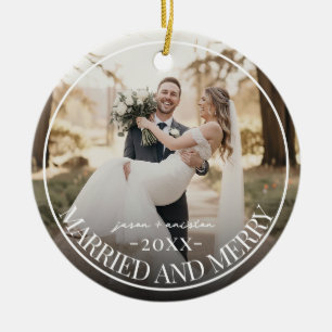 Getrouwd & Blij Eerste Kerstmis Aangepaste Foto Keramisch Ornament