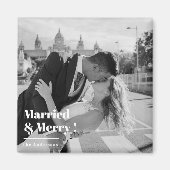 Getrouwd & Blij | Elegant Zwart & Wit Bruiloft Magneet (Voorkant)