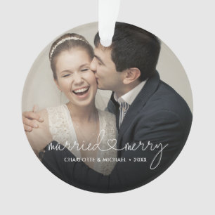 Getrouwd & Blij Hart Script Moderne Op Maat Gemaak Ornament