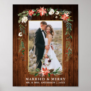Getrouwd Blij Houten Goud Waterverf Winter Bloemen Poster