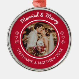 Getrouwd & Blij Huwelijksfoto Modern Rood Metalen Ornament