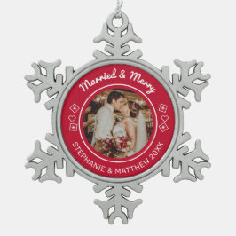 Getrouwd & Blij Huwelijksfoto Modern Rood Tin Sneeuwvlok Ornament