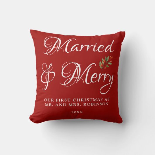 Getrouwd & Blij Kerst voor het eerst getrouwd Rood Kussen (Voorkant)