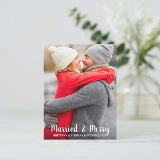 Getrouwd & Blij Pasgetrouwd Fotokaart Feestdagenkaart (Staand voorkant)