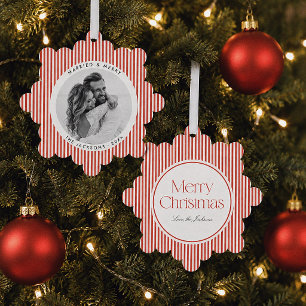 Getrouwd & Blij Preppy Rode Streep Kerst Foto Ornament Kaart