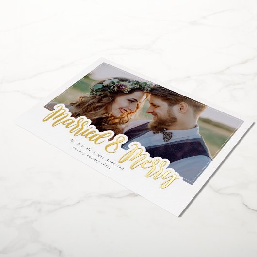 Getrouwd & Blij Trouwfoto Echt Folie Feestdagenkaart (Gedraaid)