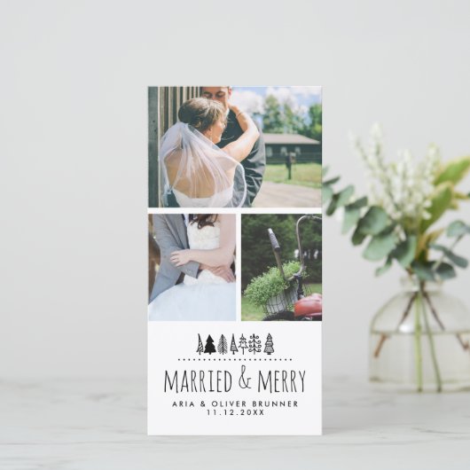 Getrouwd & Blij Whimsical Kerstboom | Drie Feestdagenkaart (Staand voorkant)