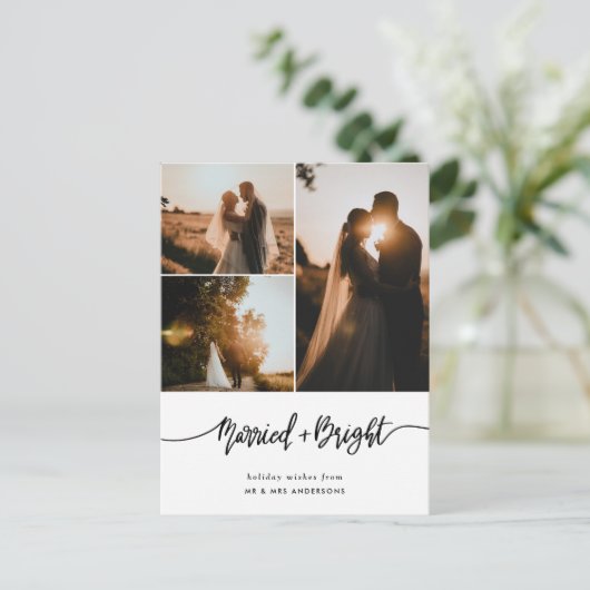 Getrouwd & Bright Script Paar Fotovakantie Briefkaart (Staand voorkant)