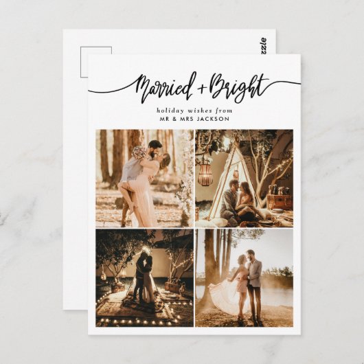Getrouwd & Bright Script Vakantie Collage Foto Briefkaart (Voorkant / Achterkant)