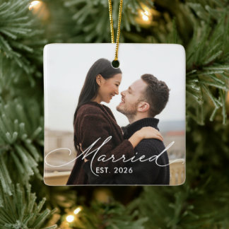 Getrouwd Calligrafie Foto Nieuwgetrouwd Keramisch Ornament