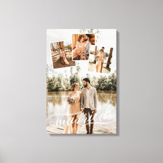 Getrouwd Collage met Kronkelende Letter Wedding Fo Canvas Afdruk (Voorkant)
