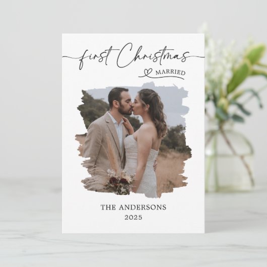 Getrouwd eerste kerst geborsteld foto bruiloft bedankkaart (Staand voorkant)