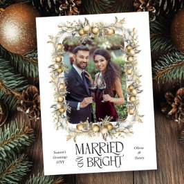 Getrouwd en Bright Golden Ornamenten Trouwfoto Feestdagenkaart
