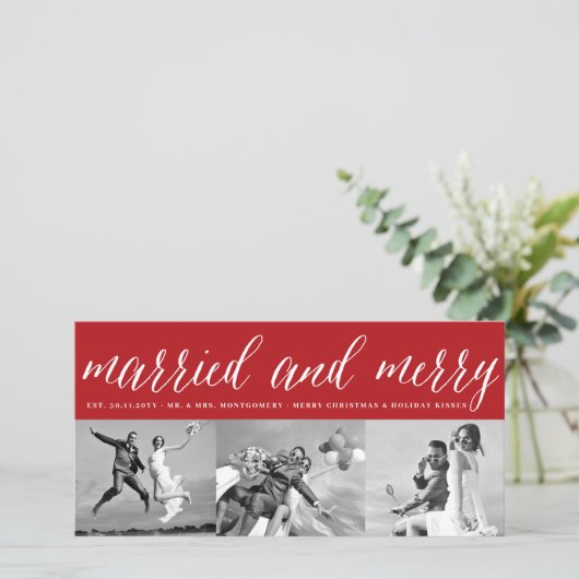 Getrouwd En Gelukkig 3 Foto Collage Eenvoudige Bru Feestdagenkaart (Staand voorkant)