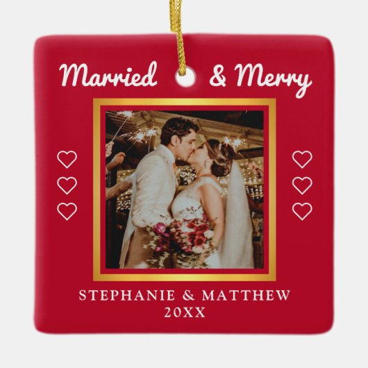Getrouwd en gevriesd huwelijk Foto Modern Red Cera Keramisch Ornament (Voorkant)