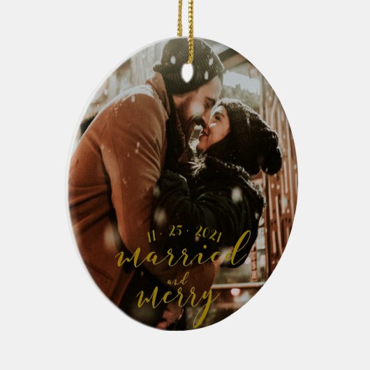 Getrouwd en Merry Gold Holiday Ornament (Rechts)