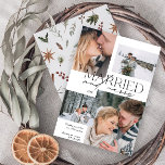 Getrouwd en Merry Modern 4 Foto Pas getrouwd Feestdagenkaart<br><div class="desc">Introductie van onze prachtige nieuwe Married and Merry Modern 4 Photo Pas getrouwd Holiday Kaart: een modern ontwerp met elegante typografie en vier gekoesterde trouwfoto's, in klassiek zwart-wit. Het minimalistische front wordt aangevuld met een warm, feestelijk waterverf botanisch patroon op de rug, met dennengroen, eucalyptus, dennenappels, kaneel en bessen. Perfect...</div>