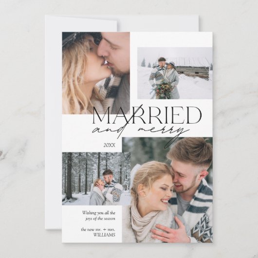 Getrouwd en Merry Modern 4 Foto Pas getrouwd Feestdagenkaart (Voorkant)