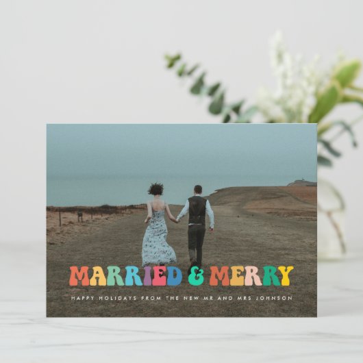 Getrouwd en Merry Retro 60s Hippie kerstkaart Kaart (Staand voorkant)