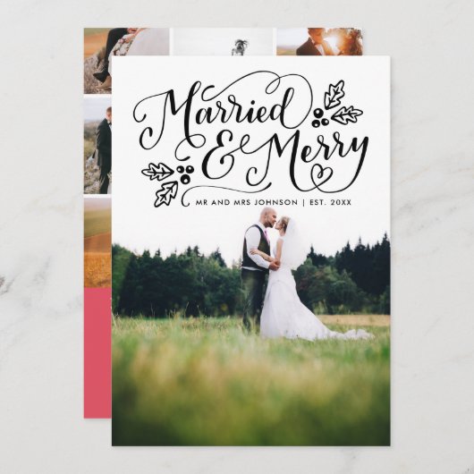 Getrouwd en Merry Typography Holiday Photo Bedankt Feestdagenkaart (Voorkant / Achterkant)
