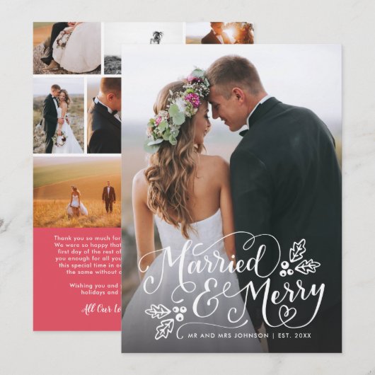 Getrouwd en Merry Typography Holiday Photo Bedankt Feestdagenkaart (Voorkant / Achterkant)