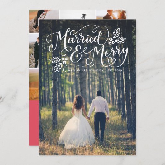 Getrouwd en Merry Typography Holiday Photo Bedankt Feestdagenkaart (Voorkant / Achterkant)