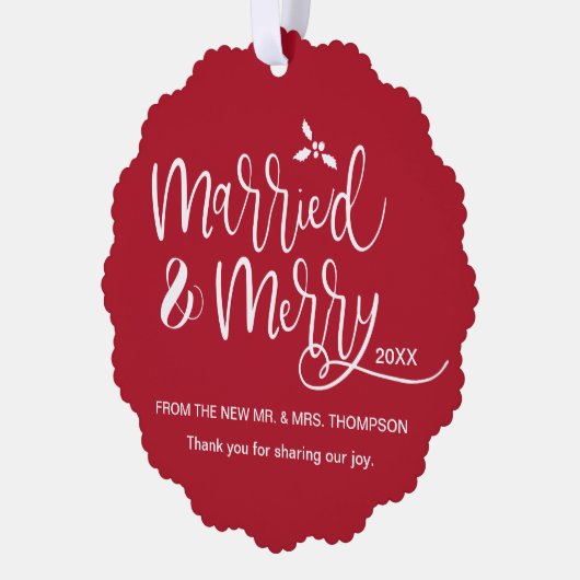 Getrouwd en Vrolijk Bruiloft Foto Rood Dank u Ornament Kaart (Links)