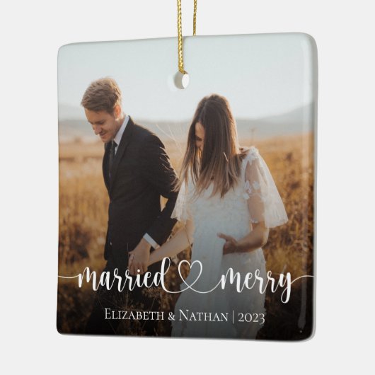 Getrouwd en Vrolijk Elegant Foto Kerstmis Keramisch Ornament (Links)