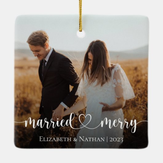 Getrouwd en Vrolijk Elegant Foto Kerstmis Keramisch Ornament (Achterkant)