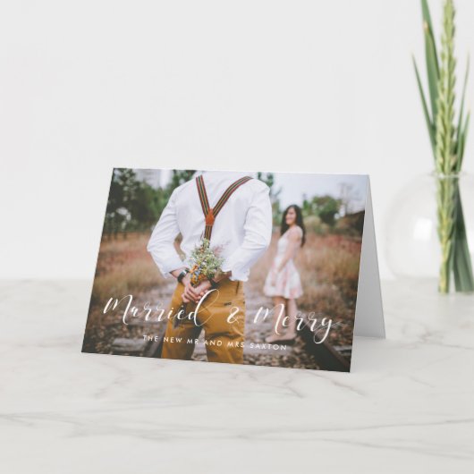Getrouwd en Vrolijk elegante bruiloft aankondiging (Voorkant)