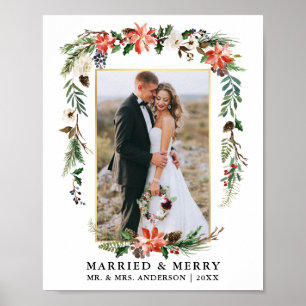 Getrouwd en vrolijk Goud Waterverf Winter Bloemstu Poster