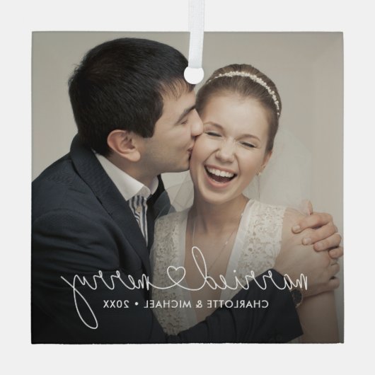 Getrouwd en vrolijk hart script moderne aangepaste glas ornament (Achterkant)