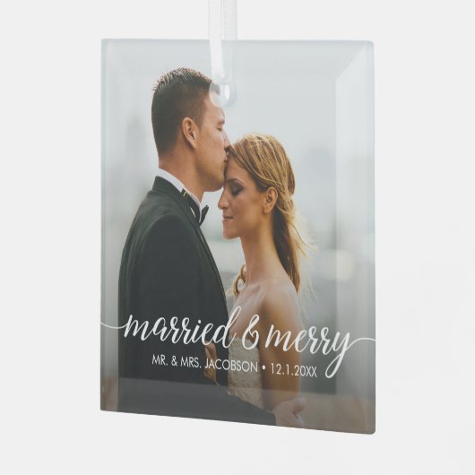 Getrouwd en Vrolijk Huwelijk Foto Eerste Kerstmis Glas Ornament (Voorkant links)